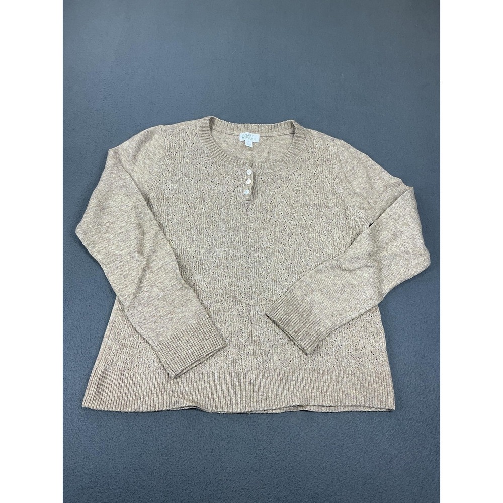 Market & Spruce Sweater Womens L Beige Henley Long Sleeve Tight-Knit Pullover